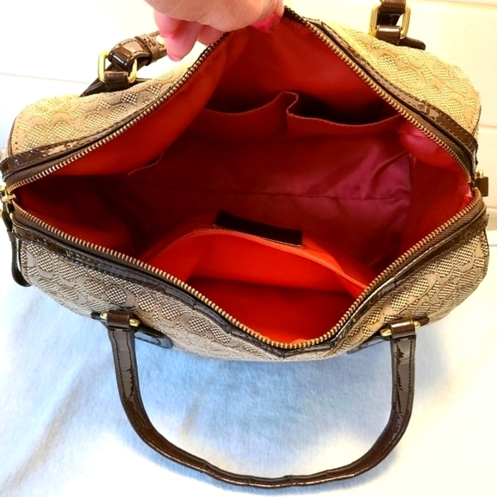 Coach Mini C Oxford Signature East West Satchel Khaki Canvas Mahogany Leather - Picture 14 of 15